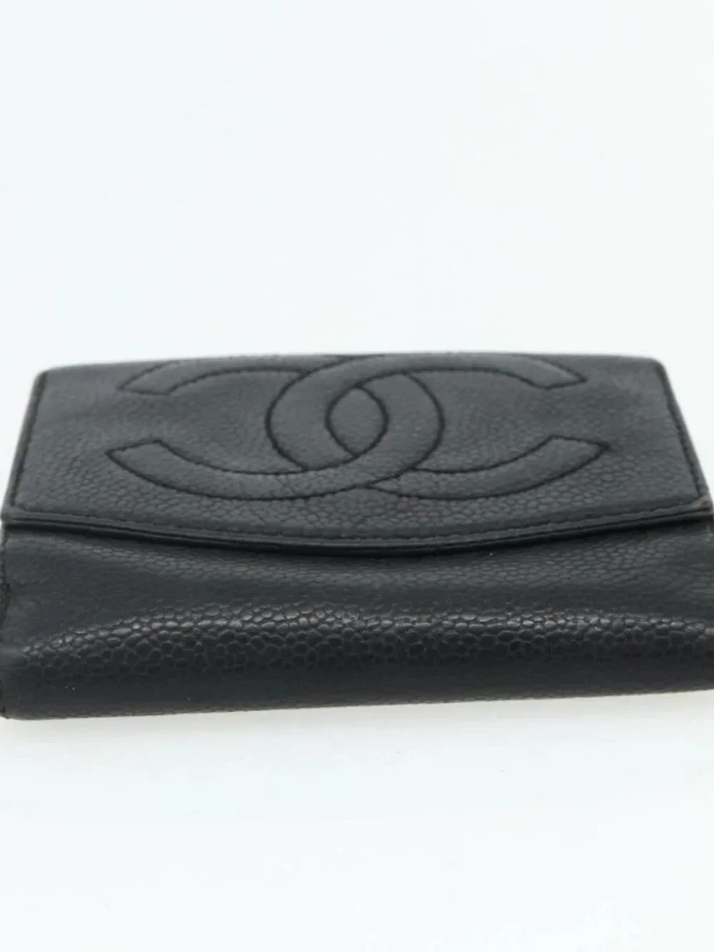 CHANEL Bifold Wallet Grained Calf Skin Black Gold CC Auth bs34761